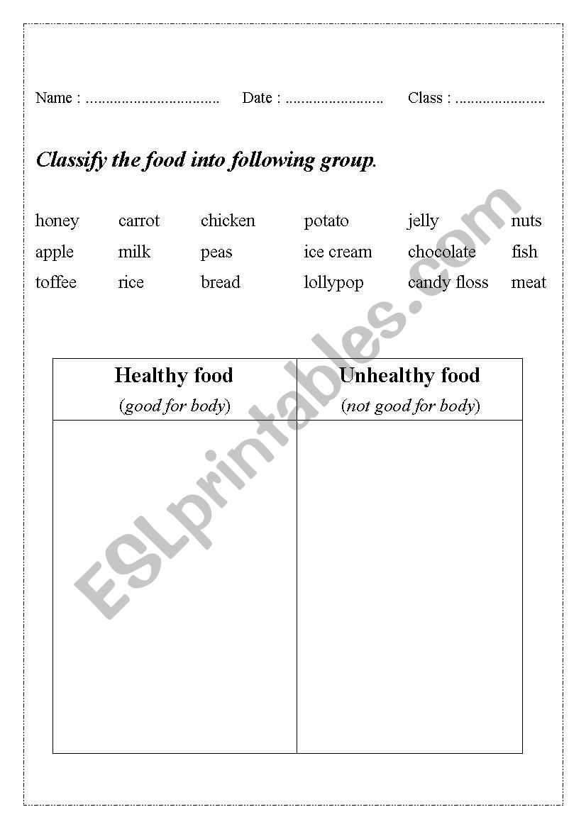 Healthy and Unhealthy food worksheet