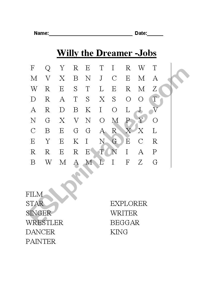 willy the dreamer word search - jobs