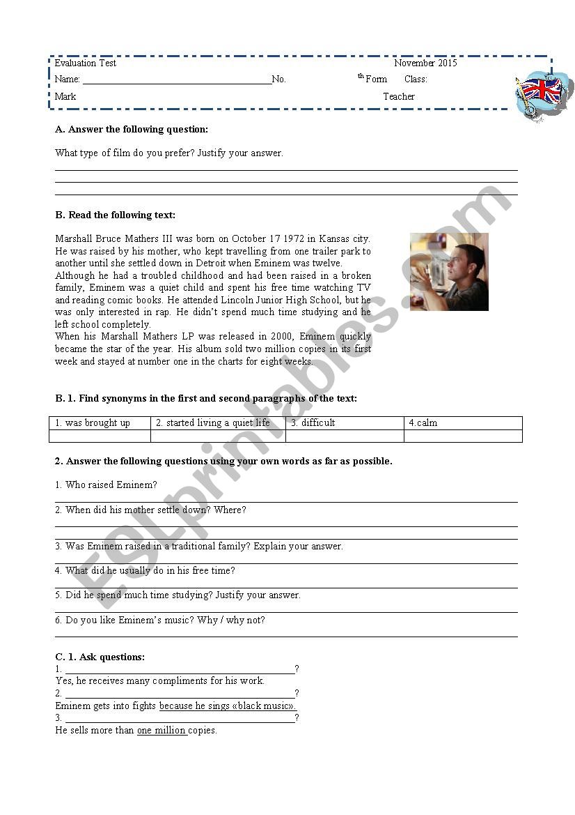 Test about a famous singer worksheet