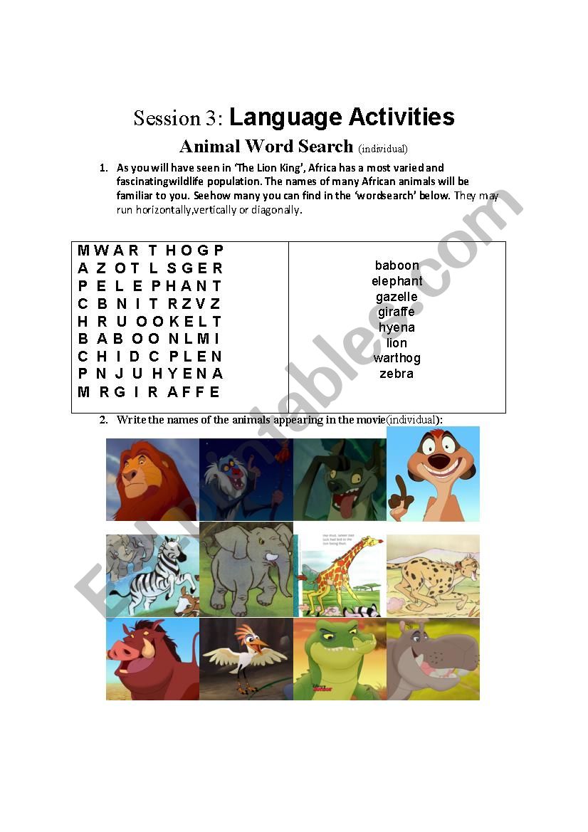 lion king wordsearch and animal matching - ESL worksheet by msubir