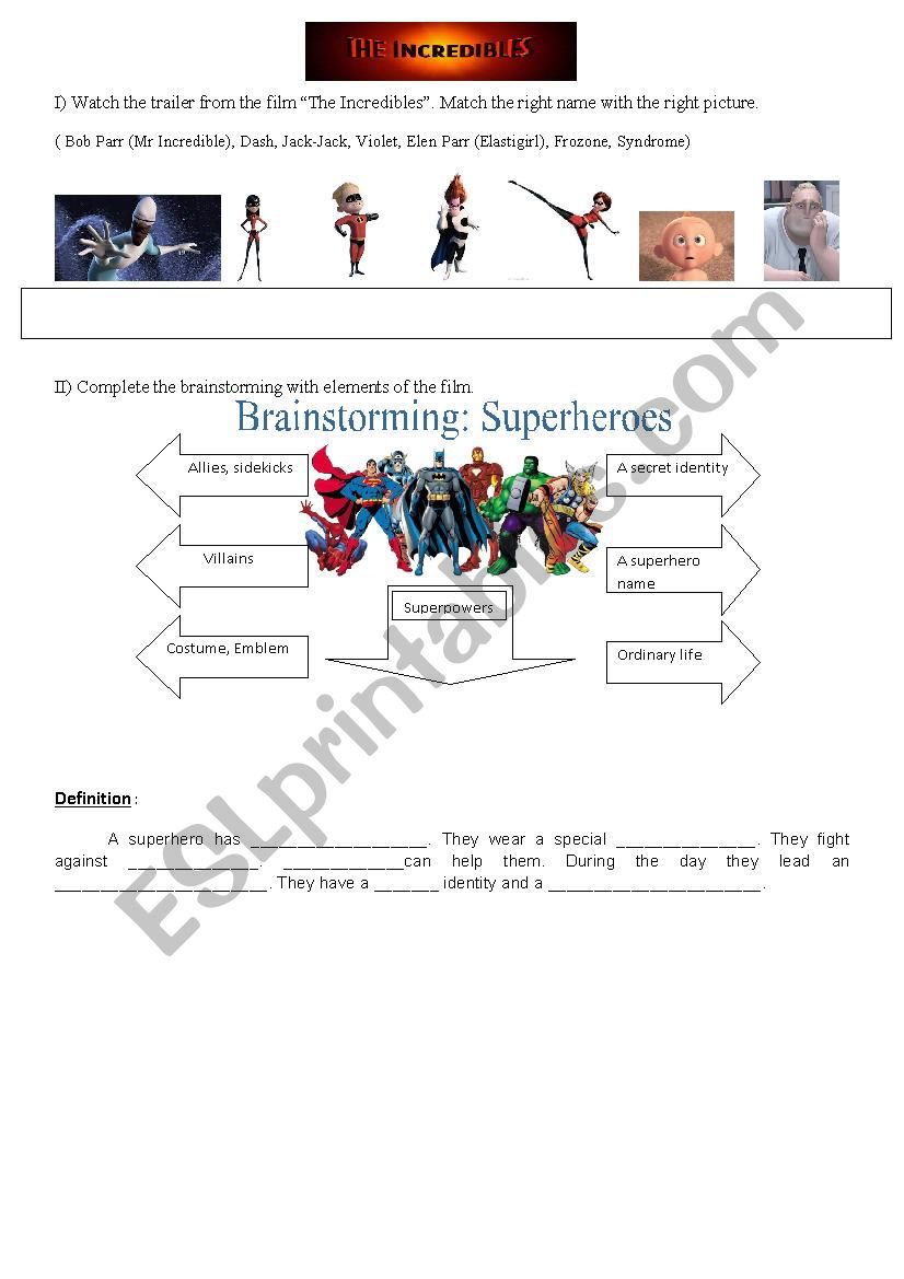 Definition superhero worksheet