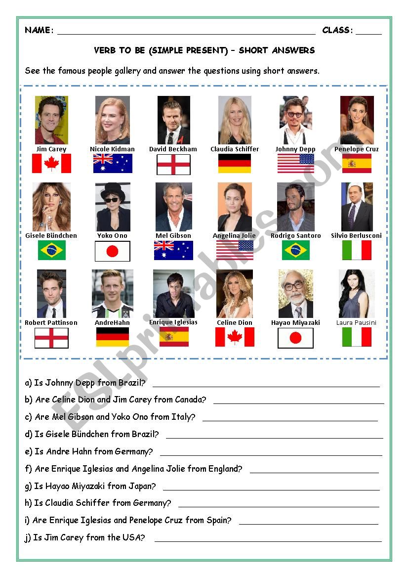 FAMOUS PEOPLE - VERB TO BE (SIMPLE PRESENT) - SHORT ANSWERS