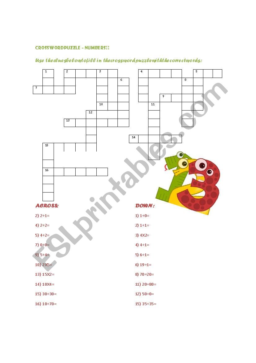 CROSSWORD PUZZLE NUMBERS worksheet