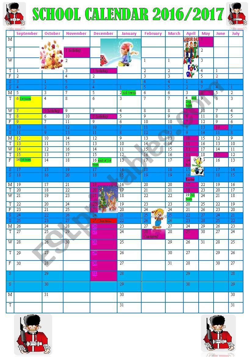 SCHOOL CALENDAR 2016/2017 worksheet