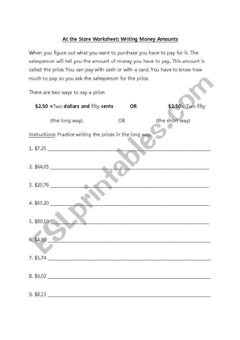 At the Store - Money Amounts worksheet
