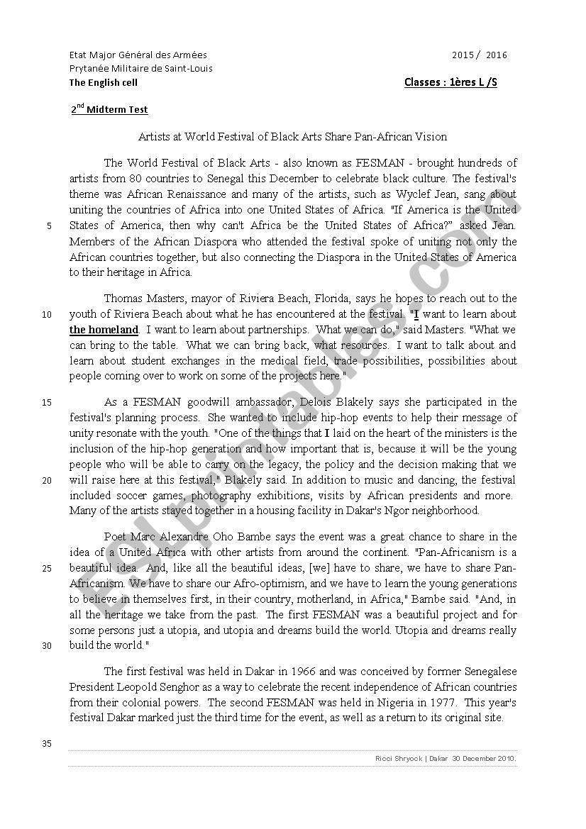 World Festival of Black Arts  worksheet