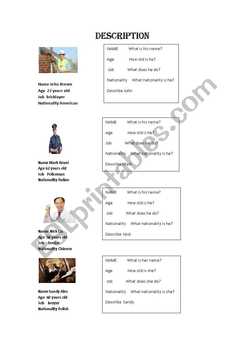 describing people  worksheet