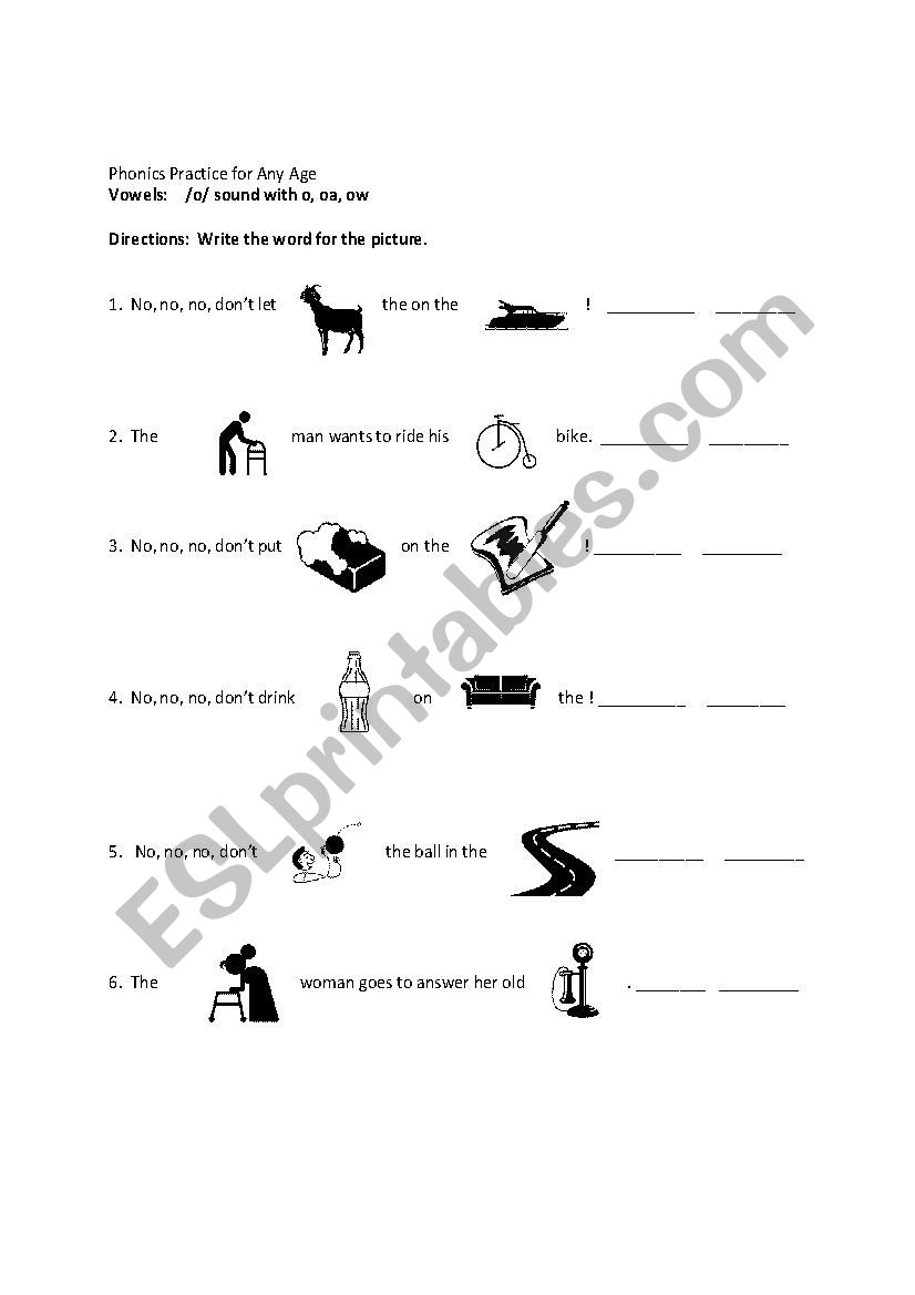 Phonics-Vowels oa, o and ow worksheet