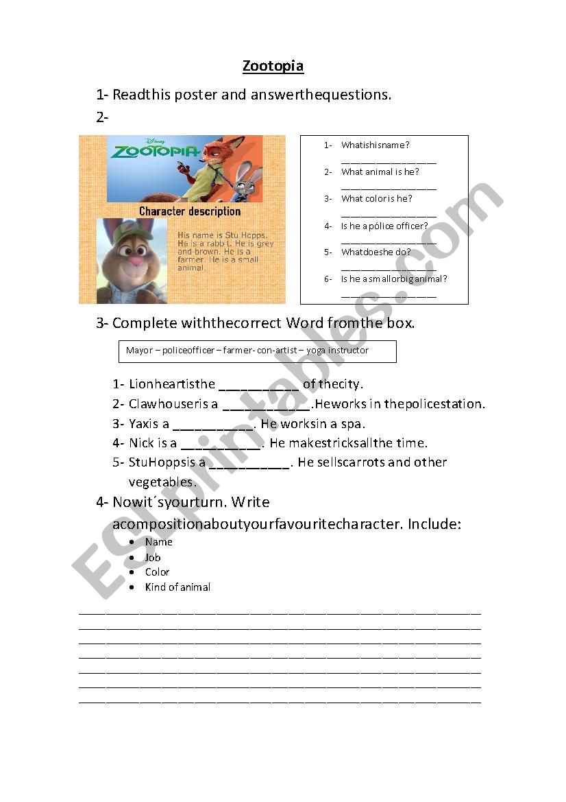 Zootopia worksheet