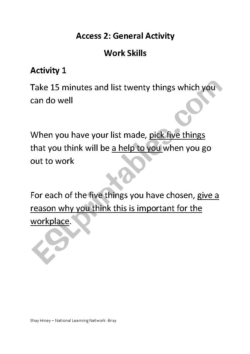 Work Skills Avtivity worksheet