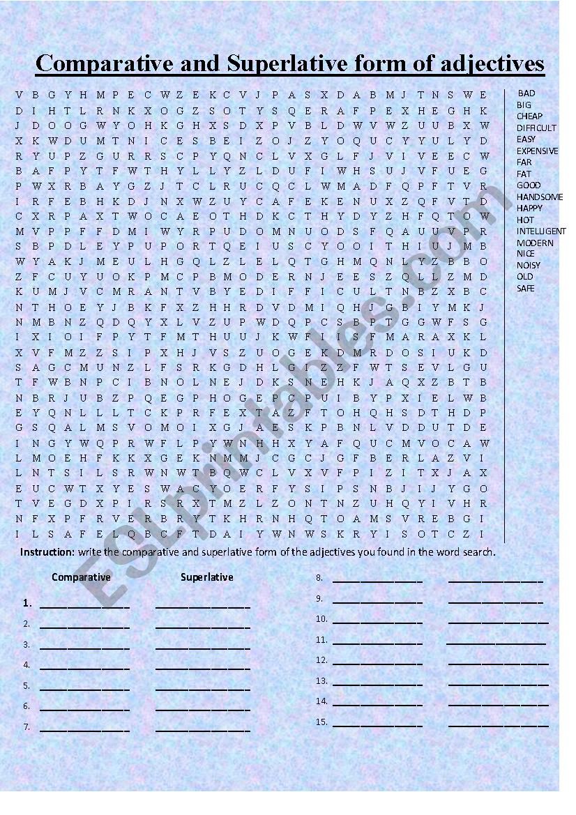 Comparatives and Superlatives Wordsearch