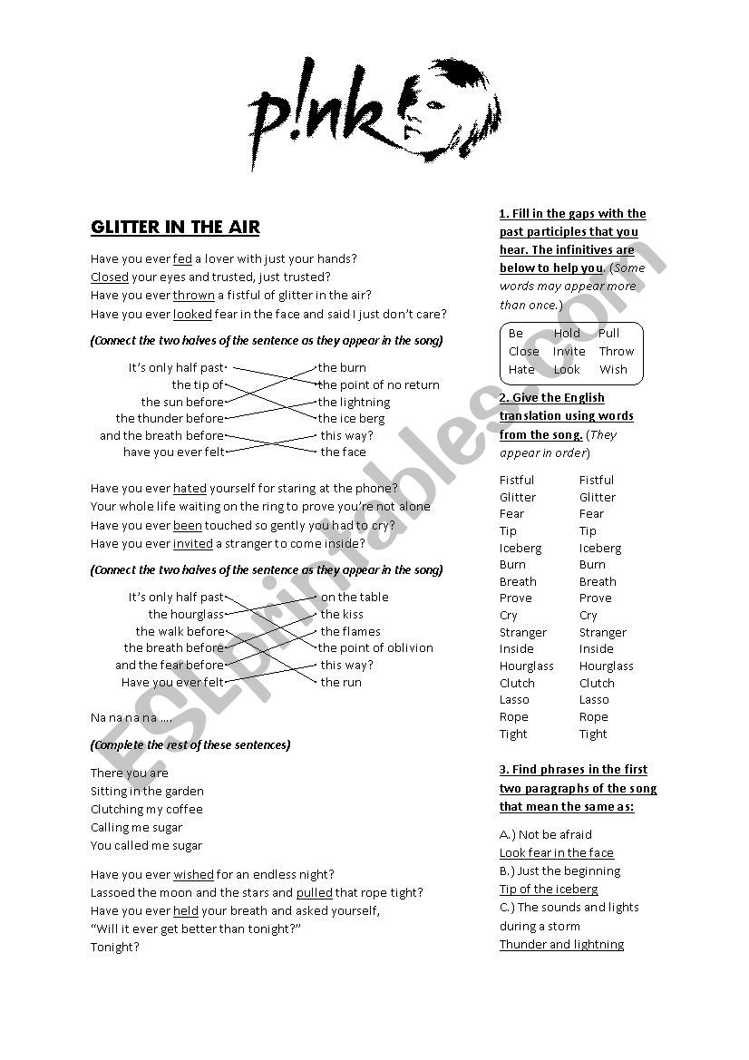 Pink - Glitter in the Air - Lyric worksheet (Present Perfect)