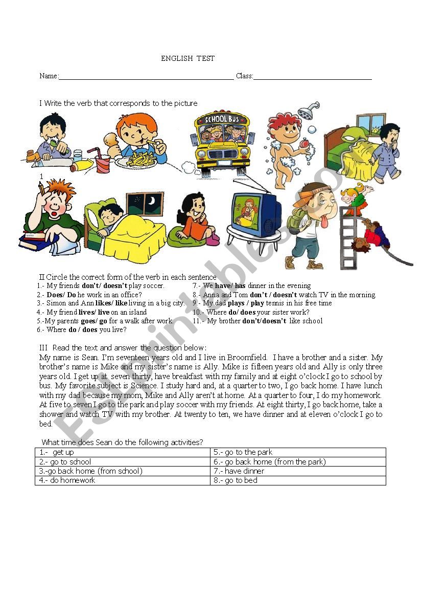 Every day activities worksheet