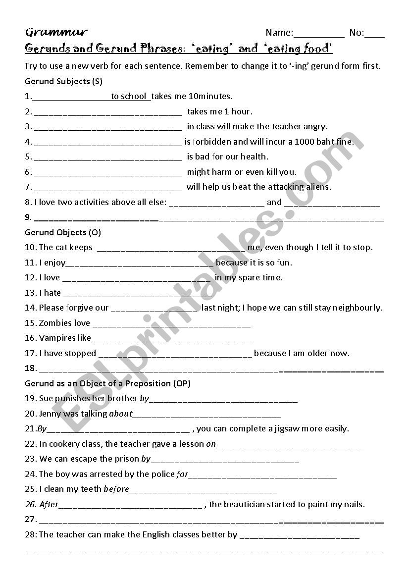 Gerunds and Gerund Phrases worksheet