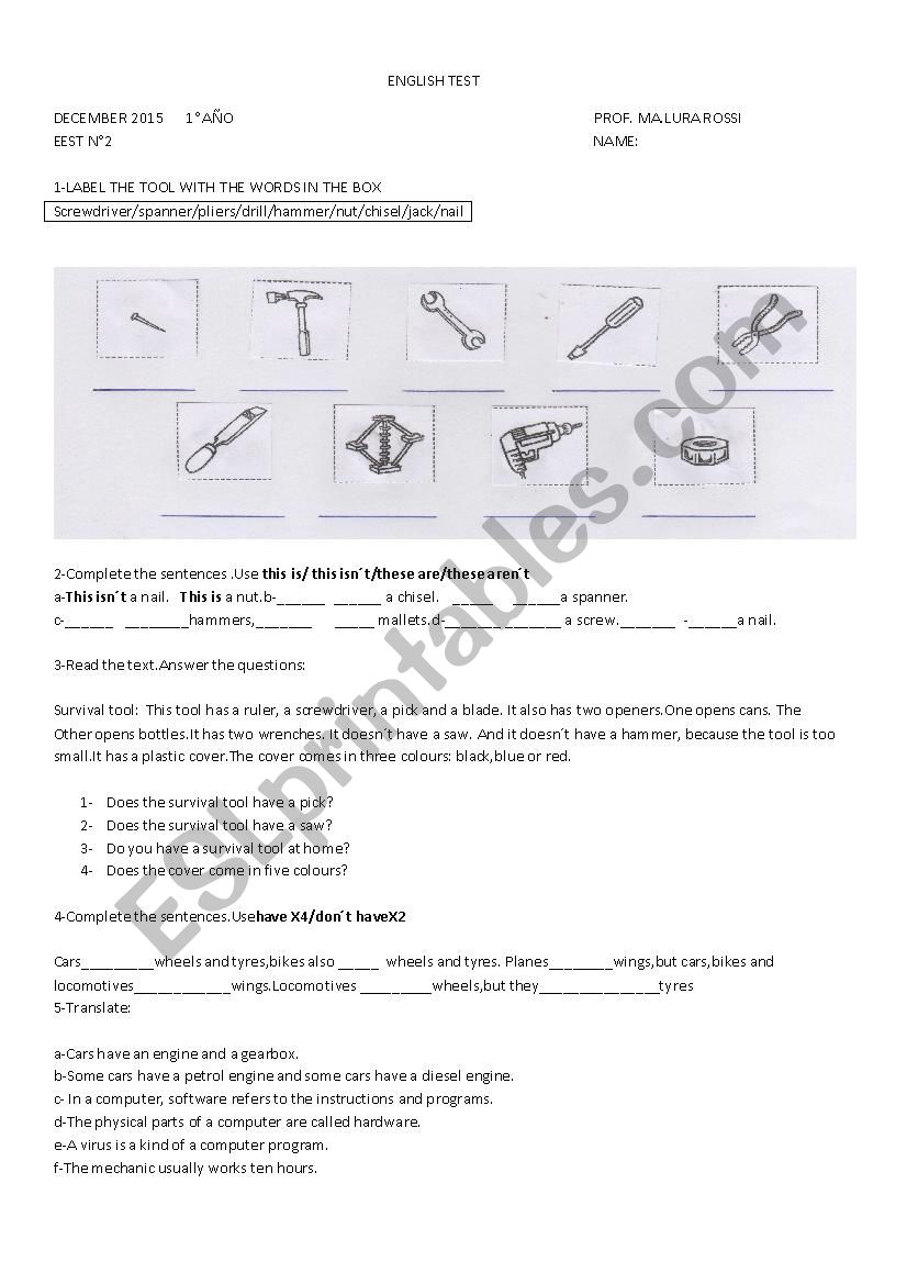 TEST TECHNICAL ENGLISH 1 worksheet