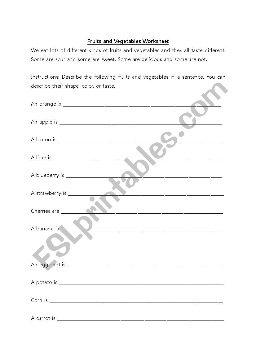 Fruits and Vegetables Worksheet -- Writing Sentences