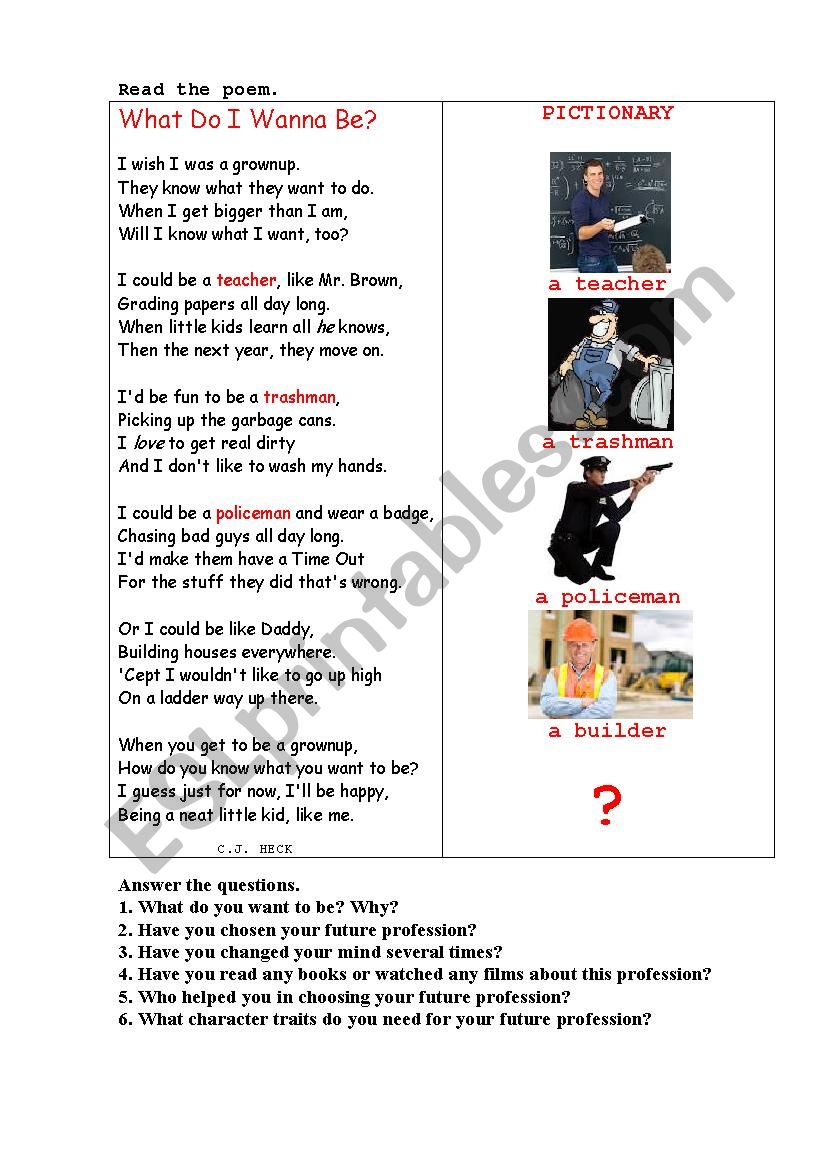 WHAT DO I WANNA BE? (a poem) worksheet