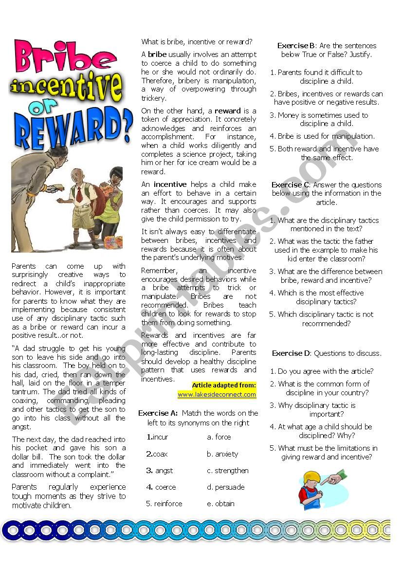 Bribe, Incentive or Reward worksheet