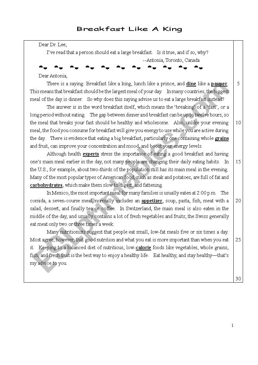 Reading comprehension worksheet