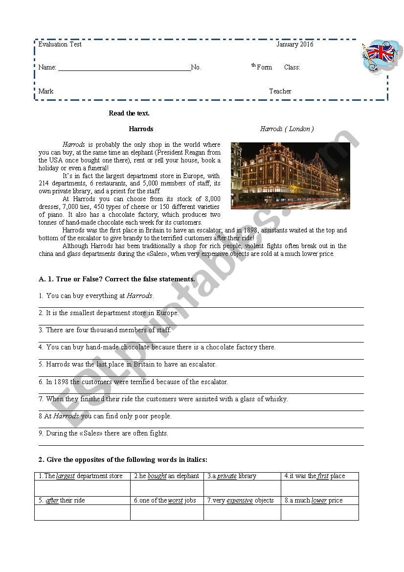Test about shopping worksheet