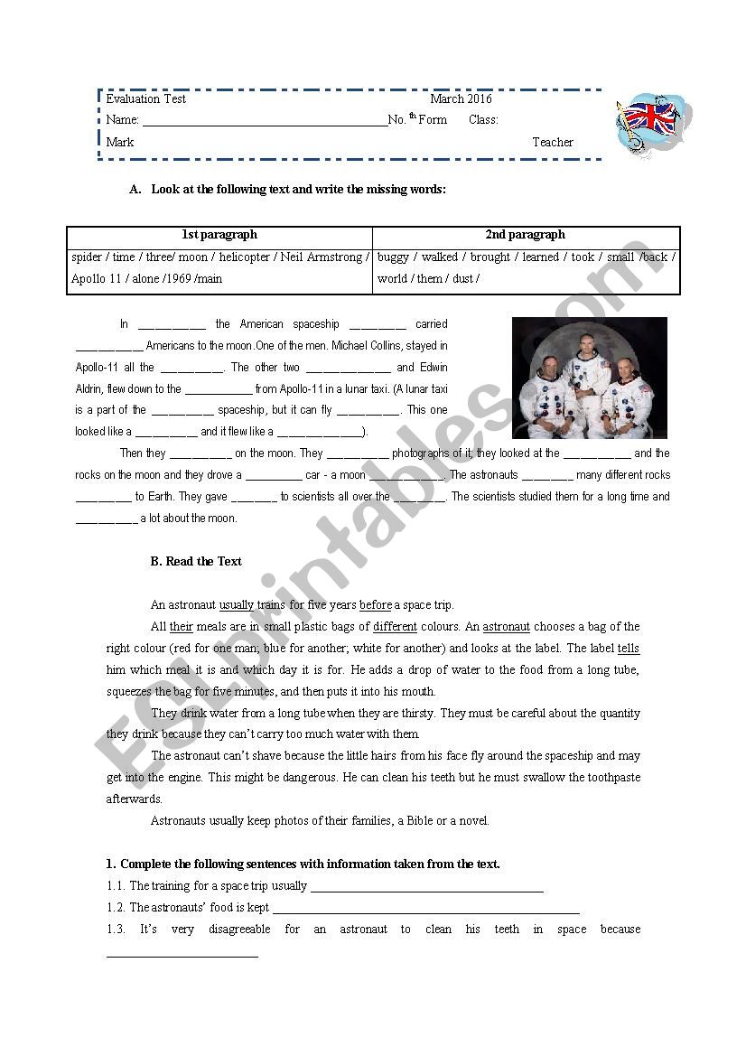 Test about space worksheet