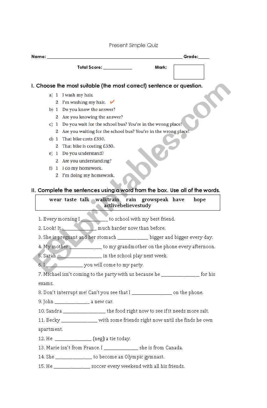 Present Simple and Continuous worksheet