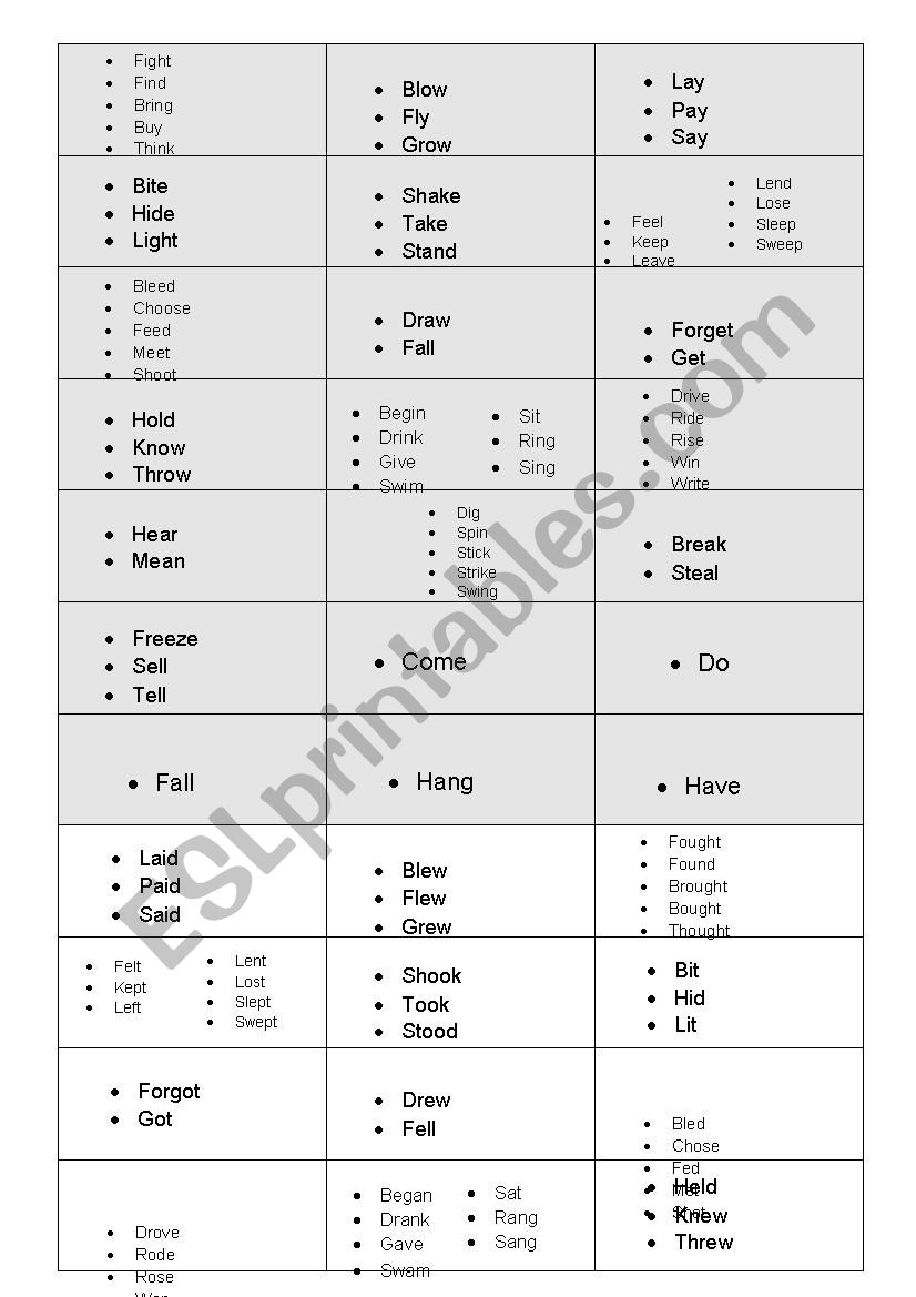 Irregular Past Tense Verb Flashcards