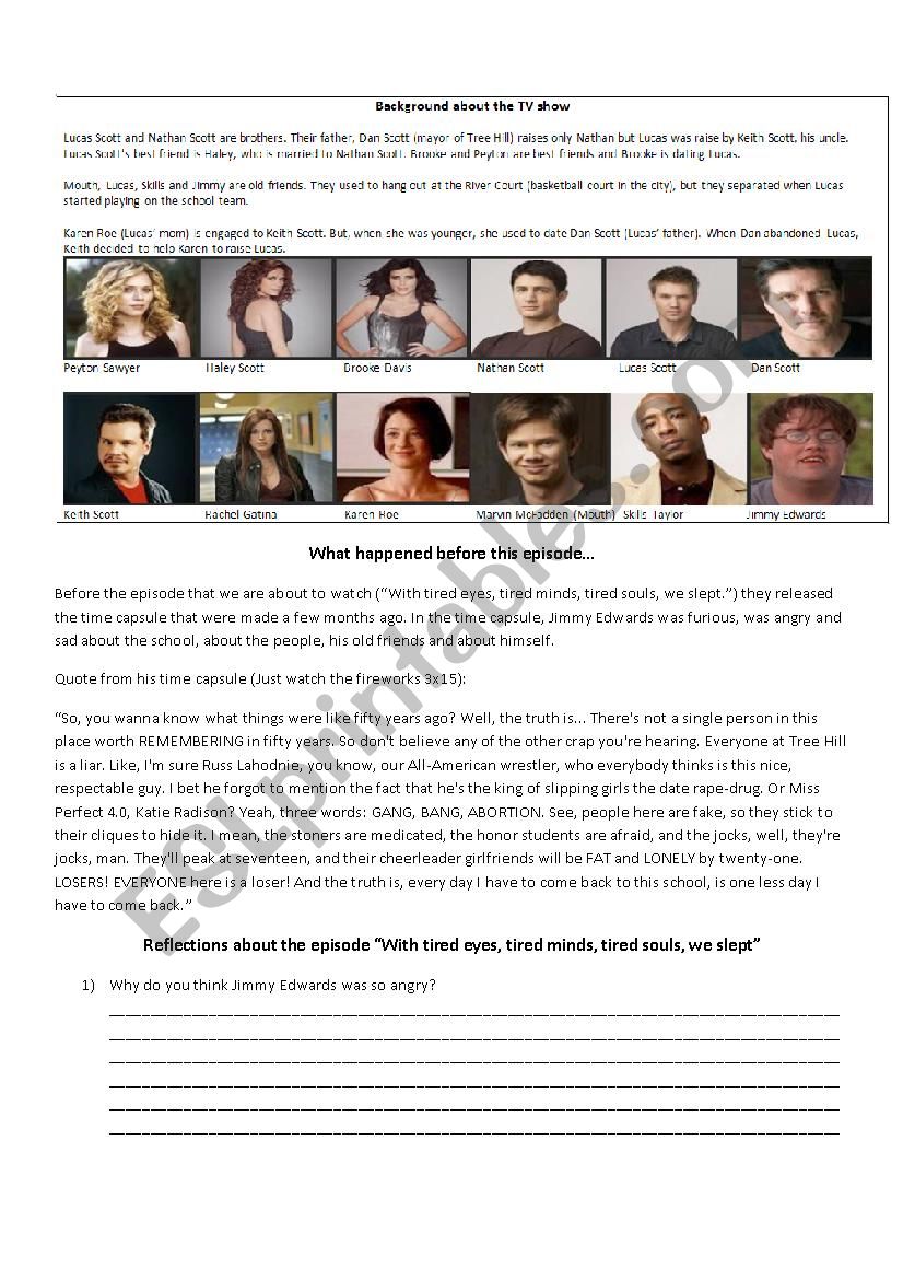 TV show worksheet: One Tree Hill - Bullying/Depression