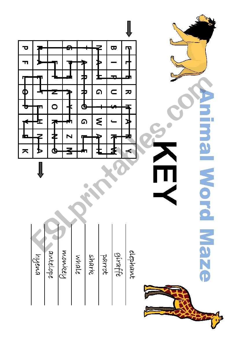 Animal Word Maze worksheet