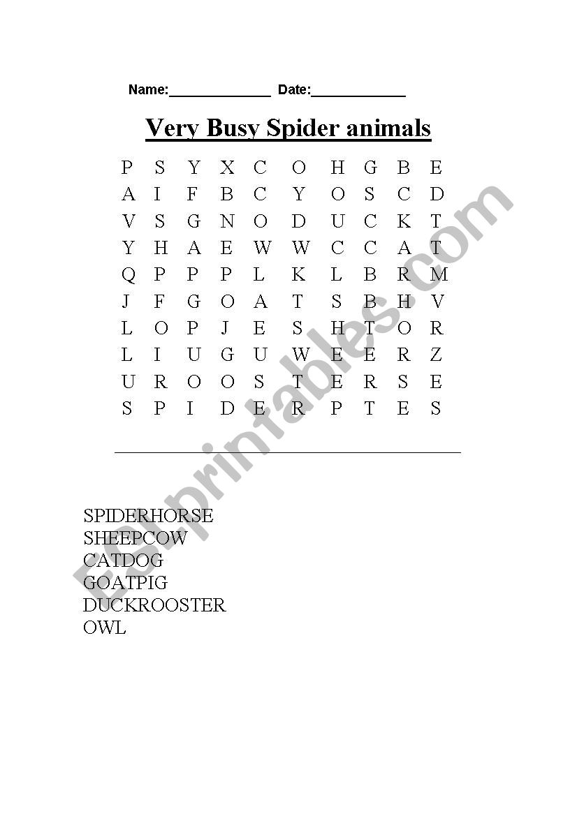 very busy spider by eric carle wordsearch - animals