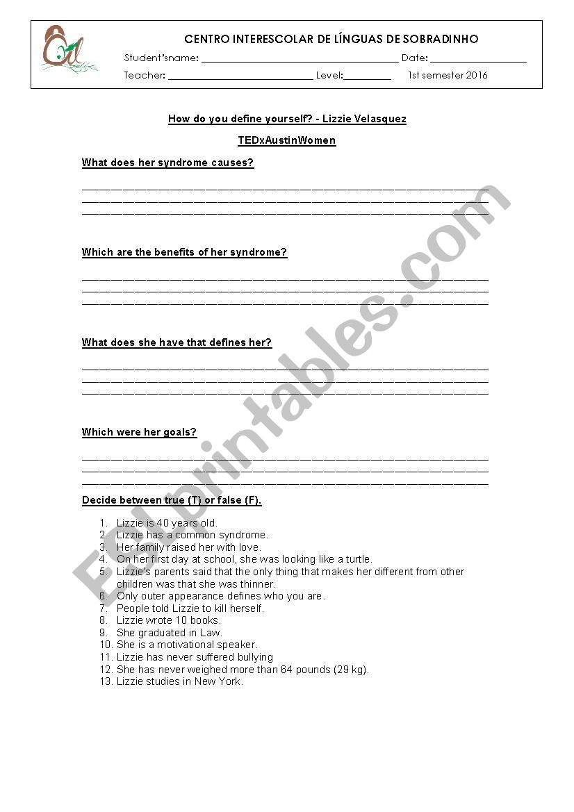 Lizzie Velasquez worksheet