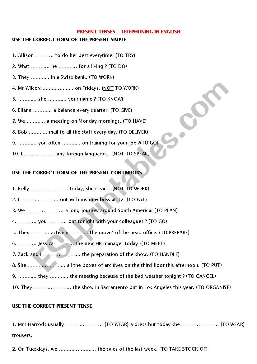 Present Tenses - Telephoning in English