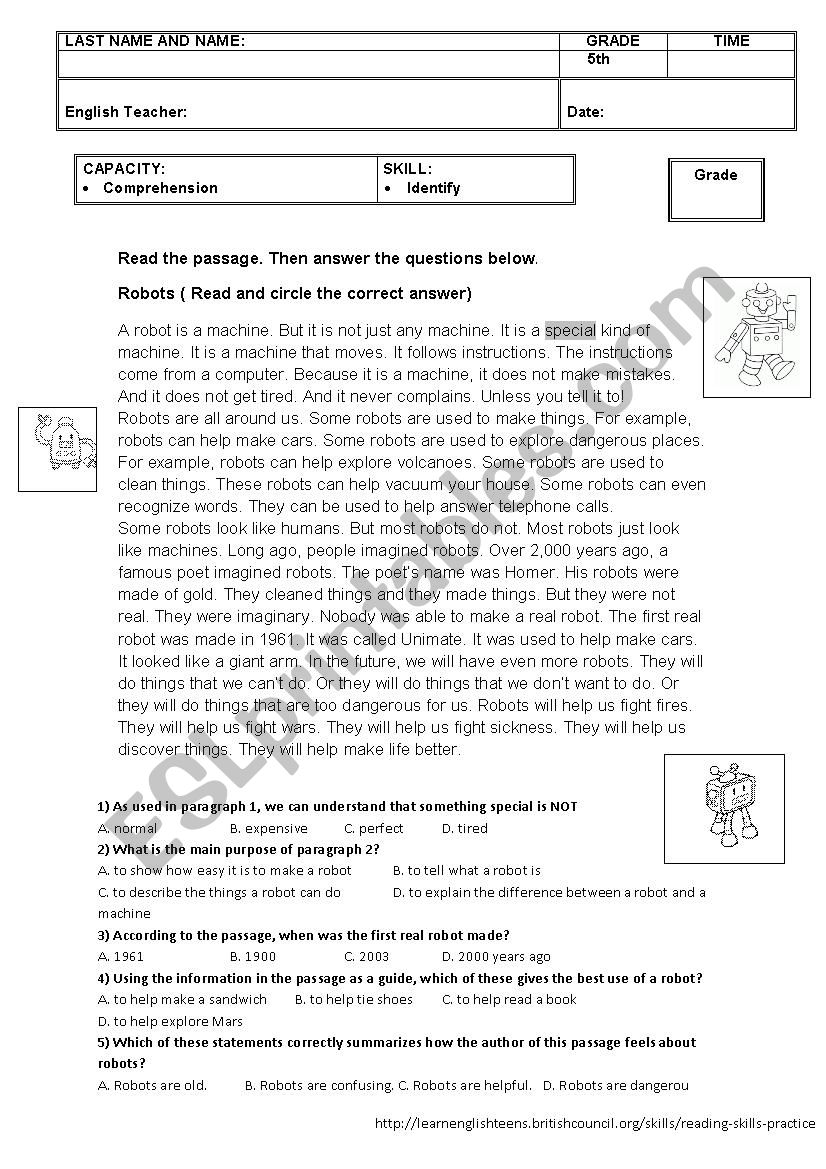 Robots reading  worksheet