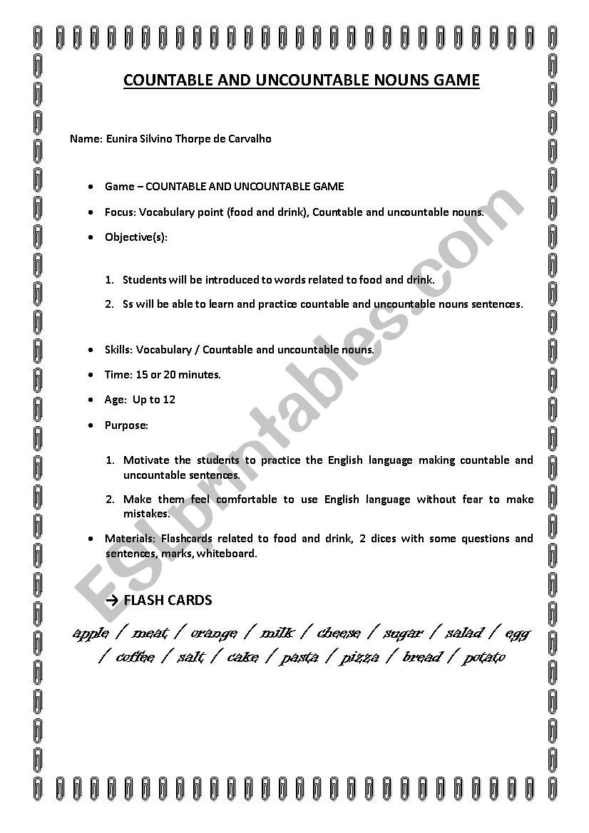 Countable and uncountable nouns game