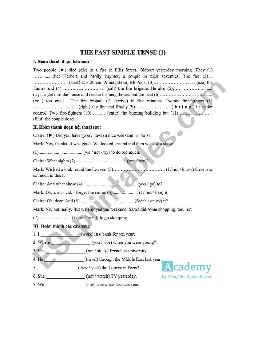 Past simple tense worksheet