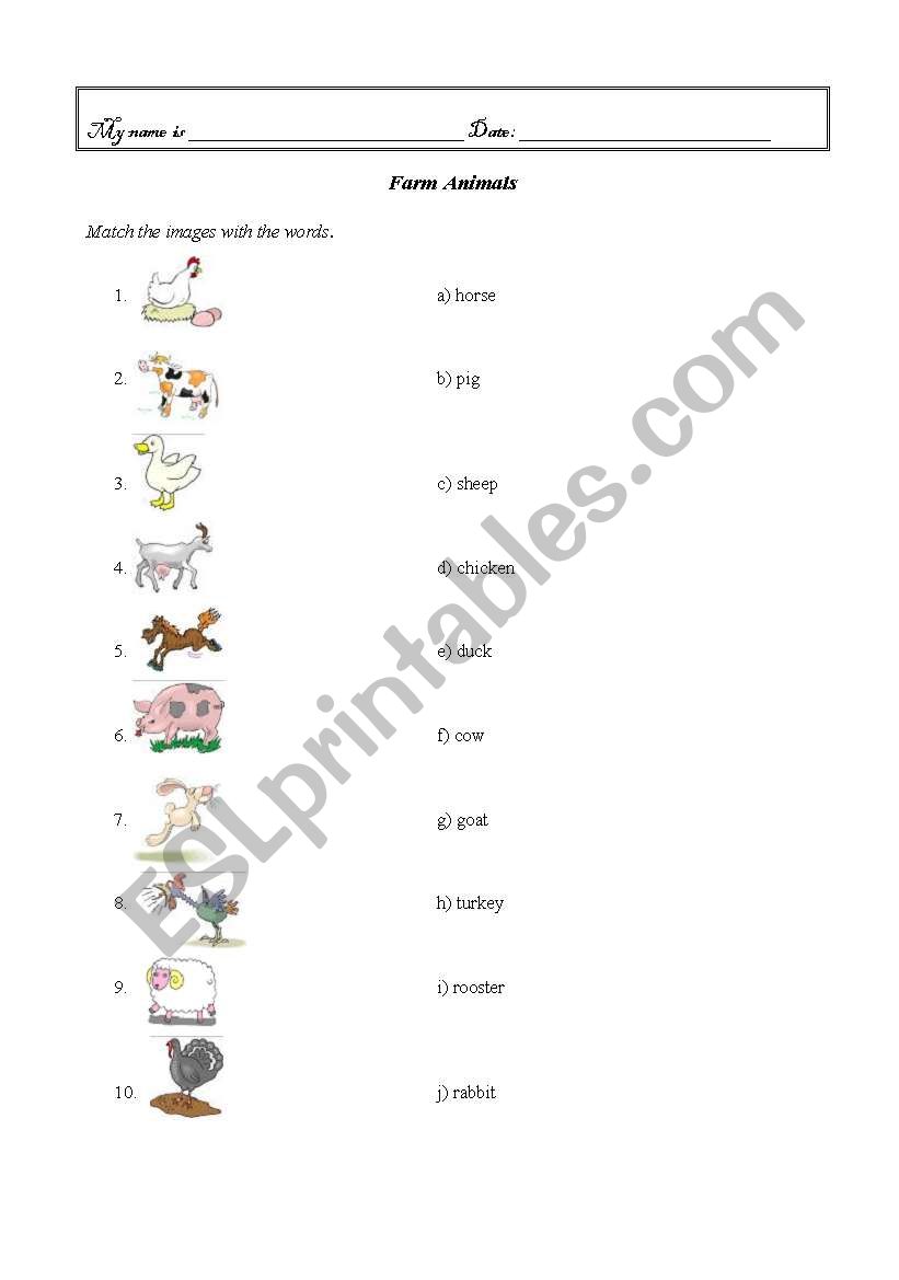 Matching the farm animals worksheet