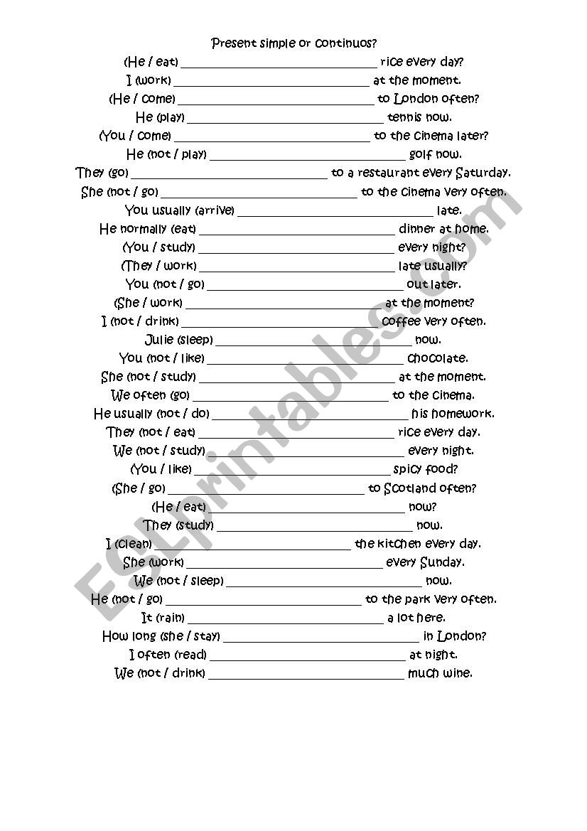 Present simple or continuous worksheet