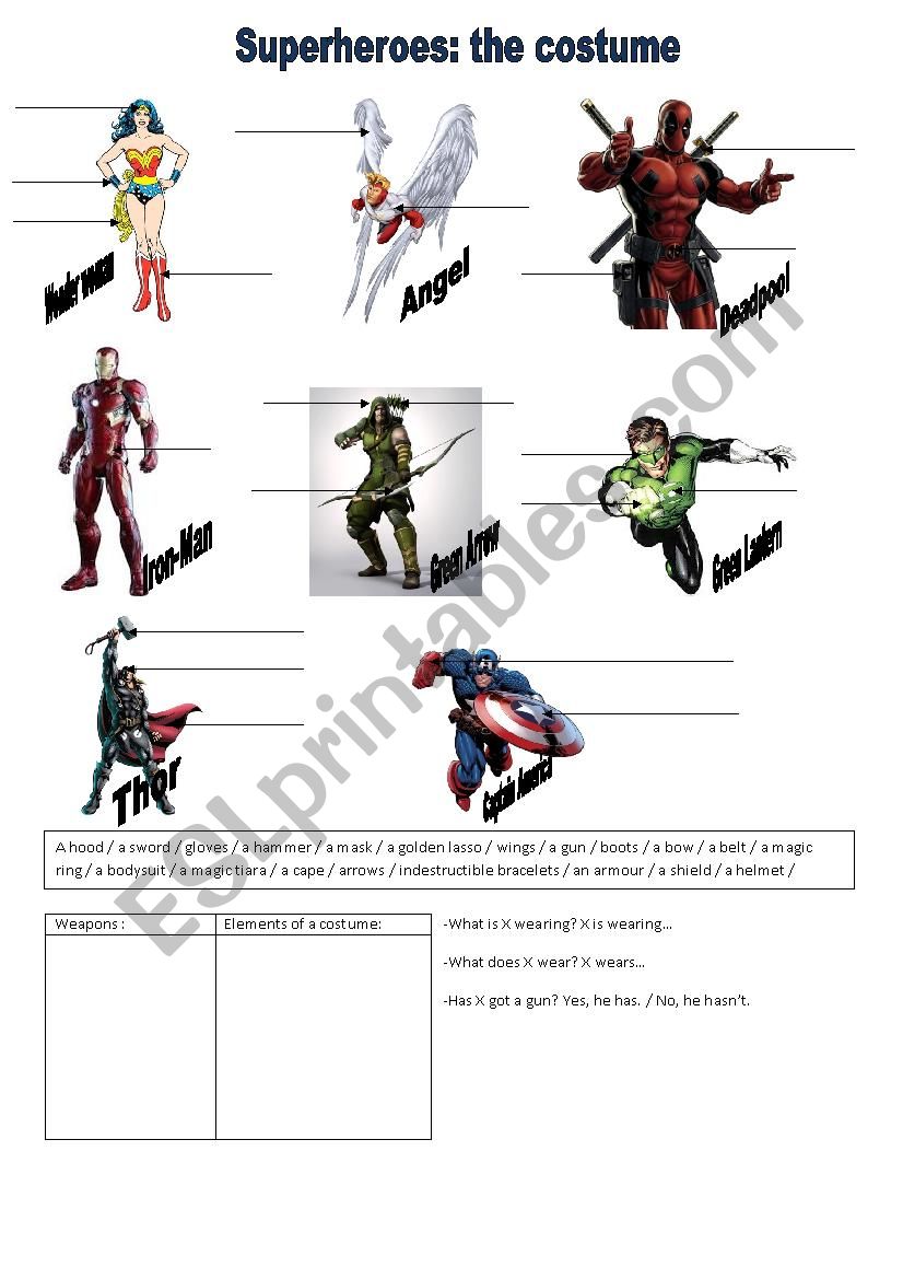 Superheroes: the costume worksheet