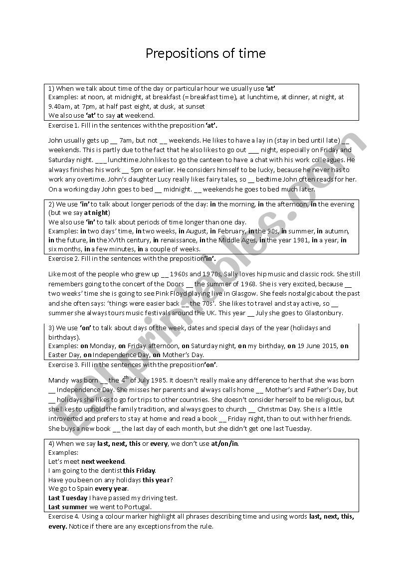 Prepositions of Time worksheet