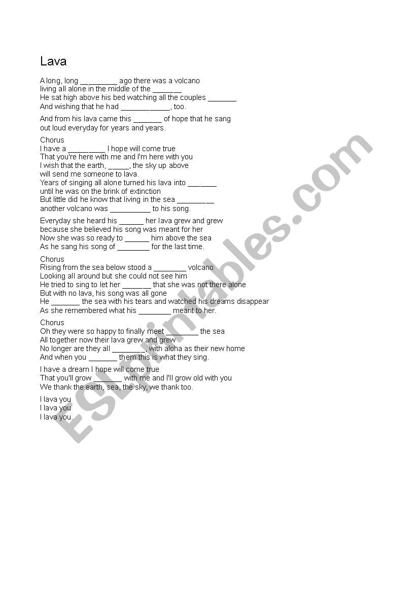 Lava song  worksheet