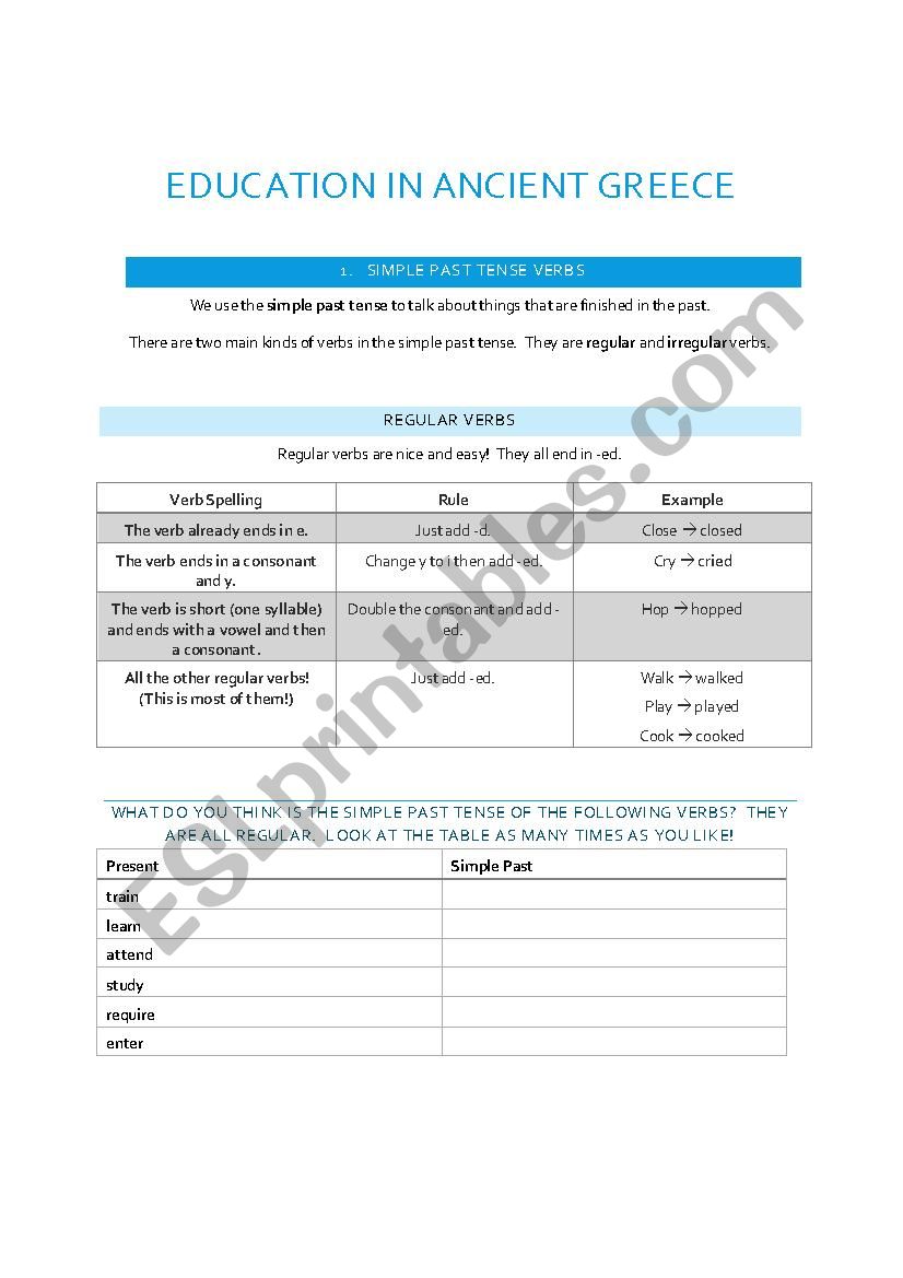 Education in Ancient Greece, Past Simple Regular Verbs