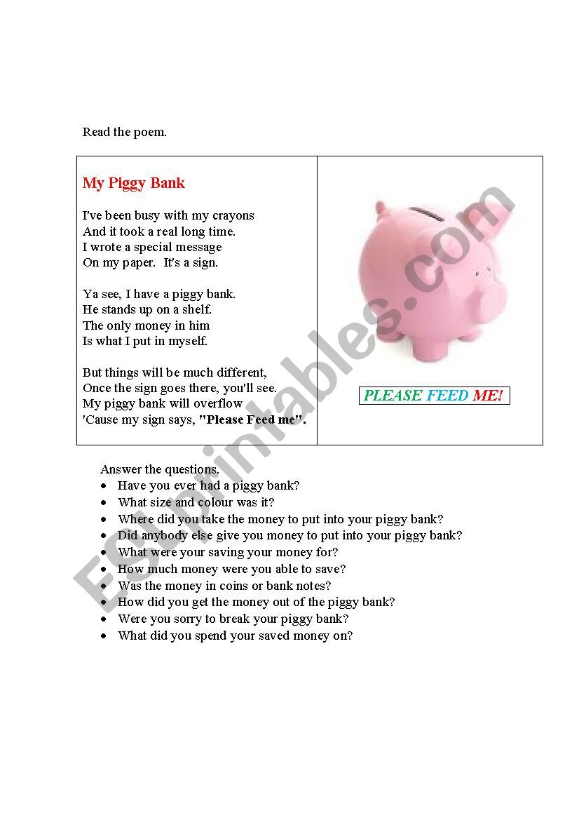 MY PIGGY BANK (a poem+ questions)