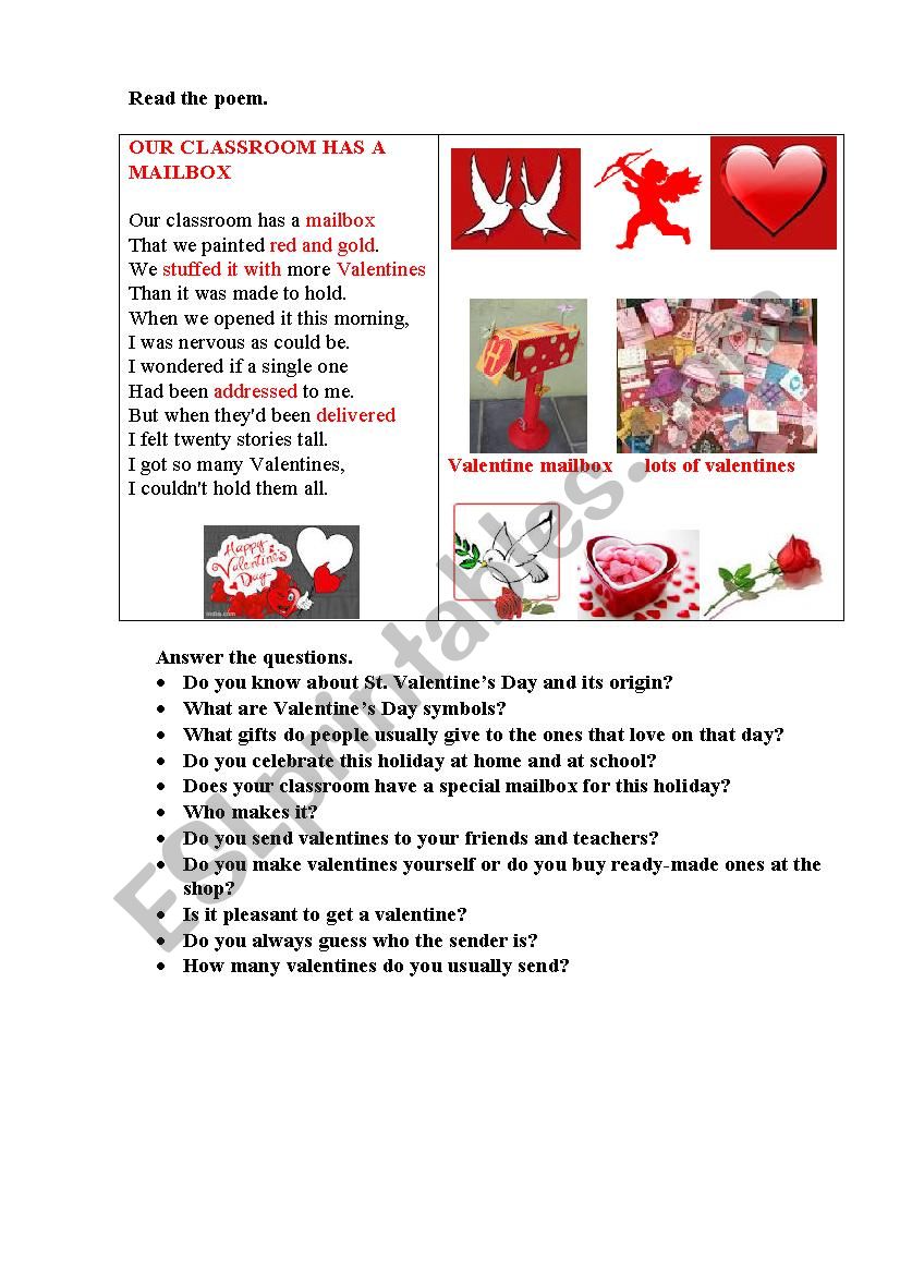 MAILBOX (a poem + questions) worksheet