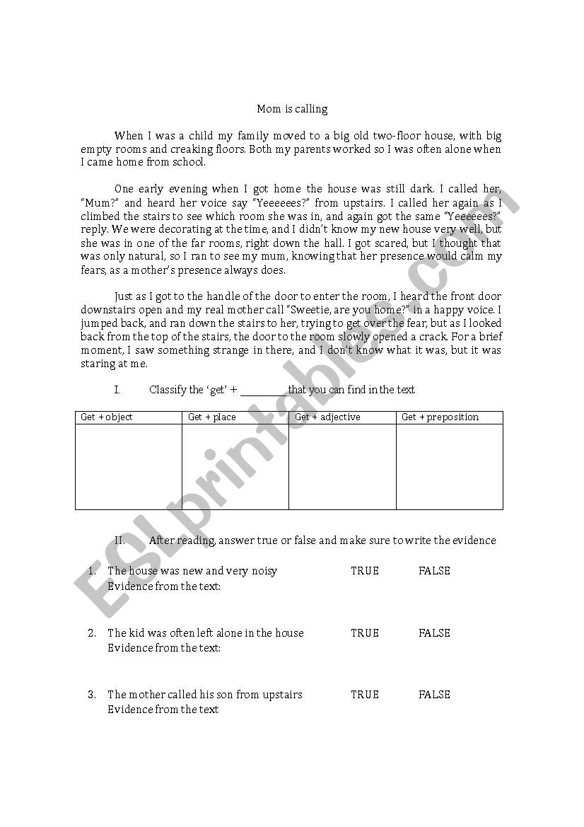 Reading Comprehension exercise + to get 