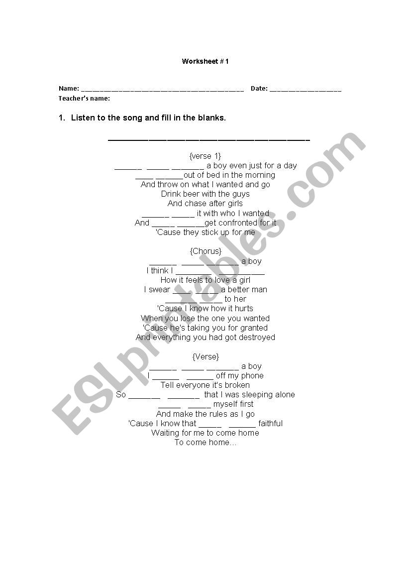 If I were a boy .... worksheet