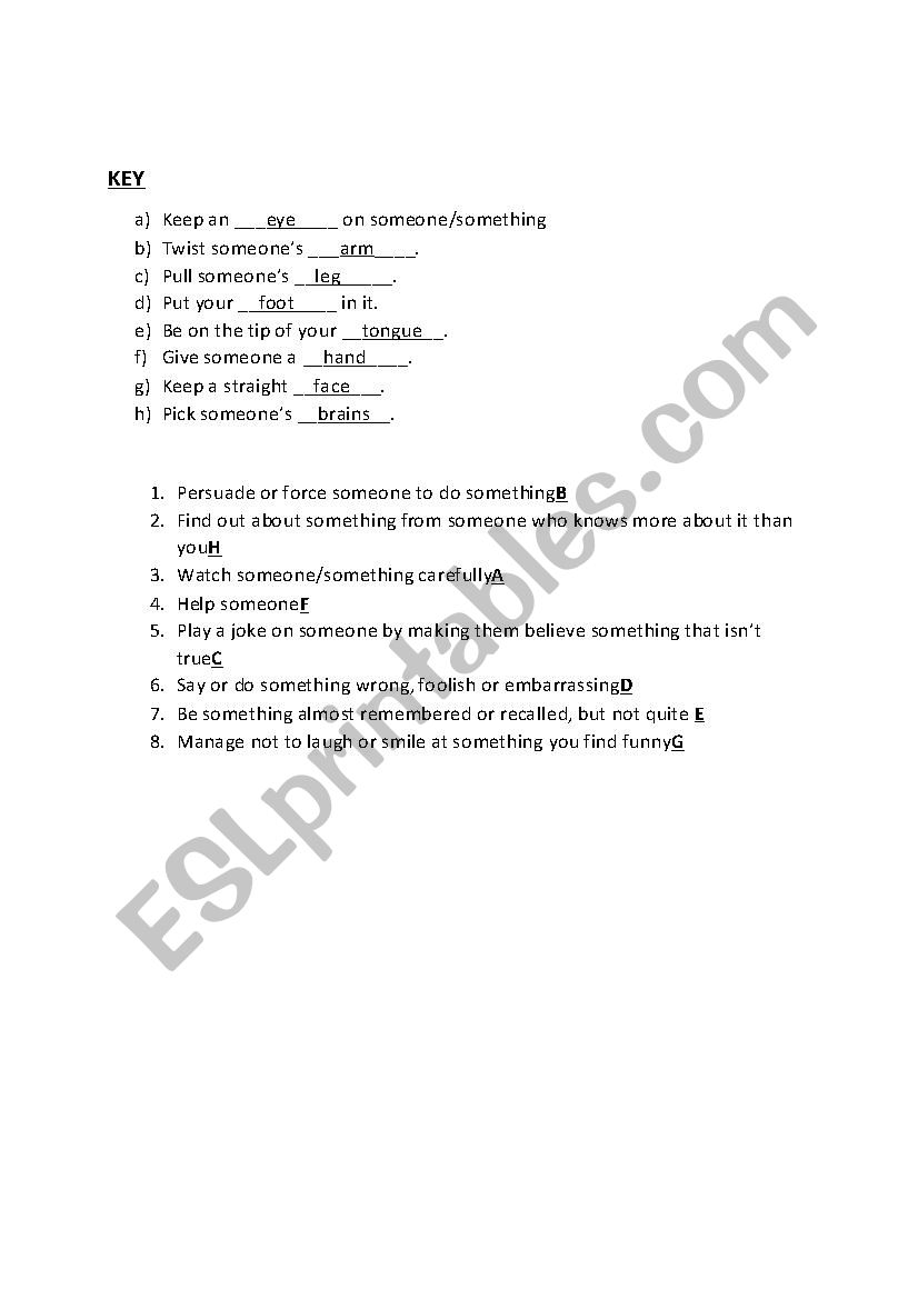 Body idioms worksheet