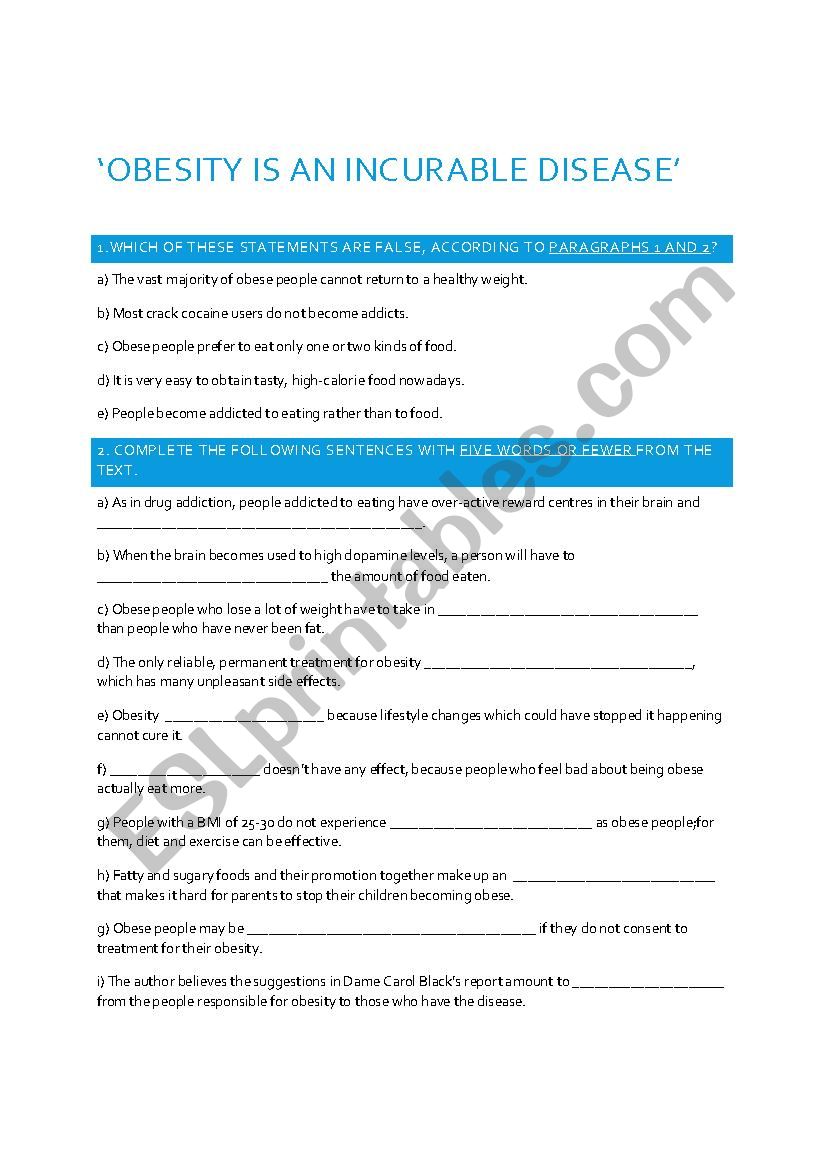 Obesity is an Incurable Disease Comprehension Questions/Exam Practice