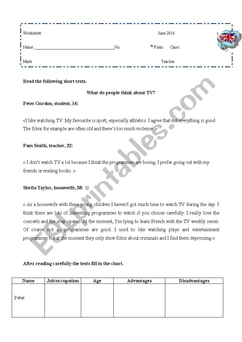 Worksheet about TV worksheet