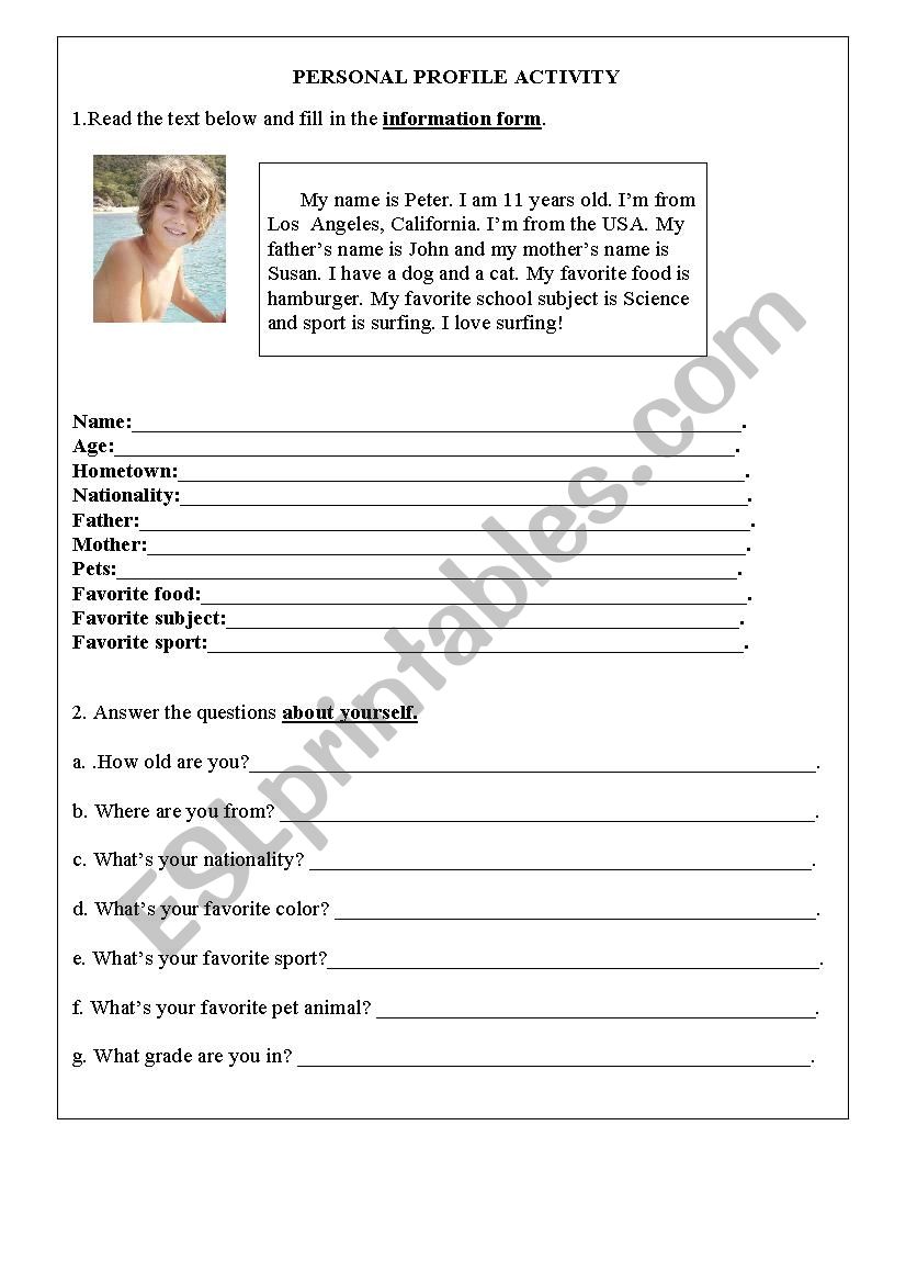 Personal profile activity worksheet