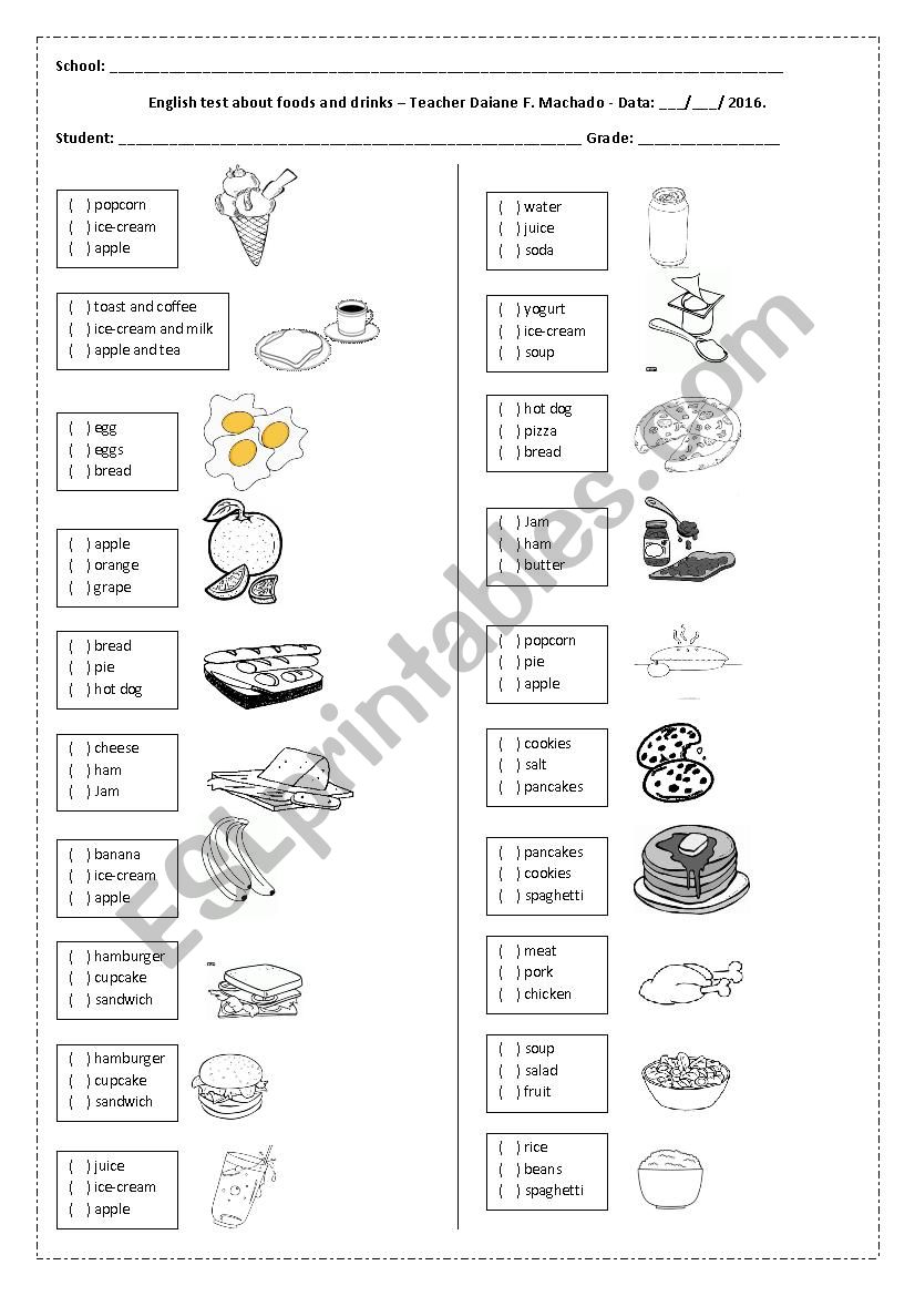 Drinks and fooods worksheet